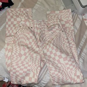 Light pink checkered flared jeans